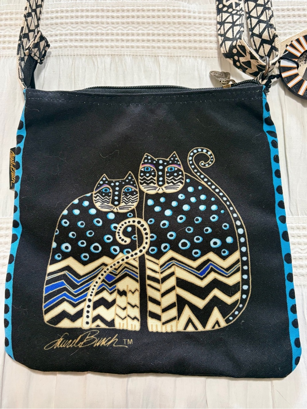 Laurel Burch Beaded Multicolor Black Canvas Cat Print Crossbody Bag - Picture 4 of 9
